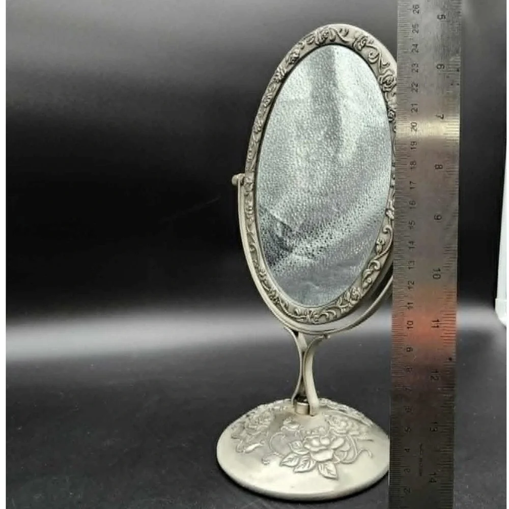 Unbranded Vintage Floral Rose Oval Swivel Vanity Mirror Pewter Silver Tabletop